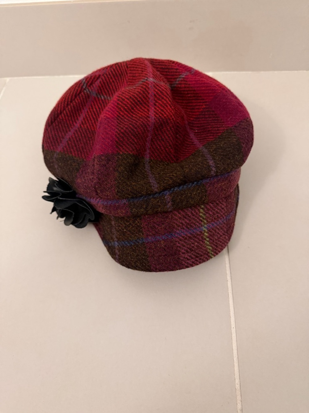 Plaid Red Brown Wool Irish Newsboy Cap with Black Flower Accent